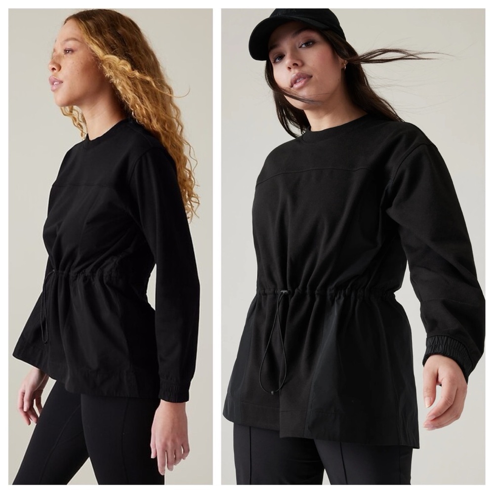 Athleta sz S Triumph Hybrid Crew Neck Sweater Black Drawstring Waist Sweatshirt